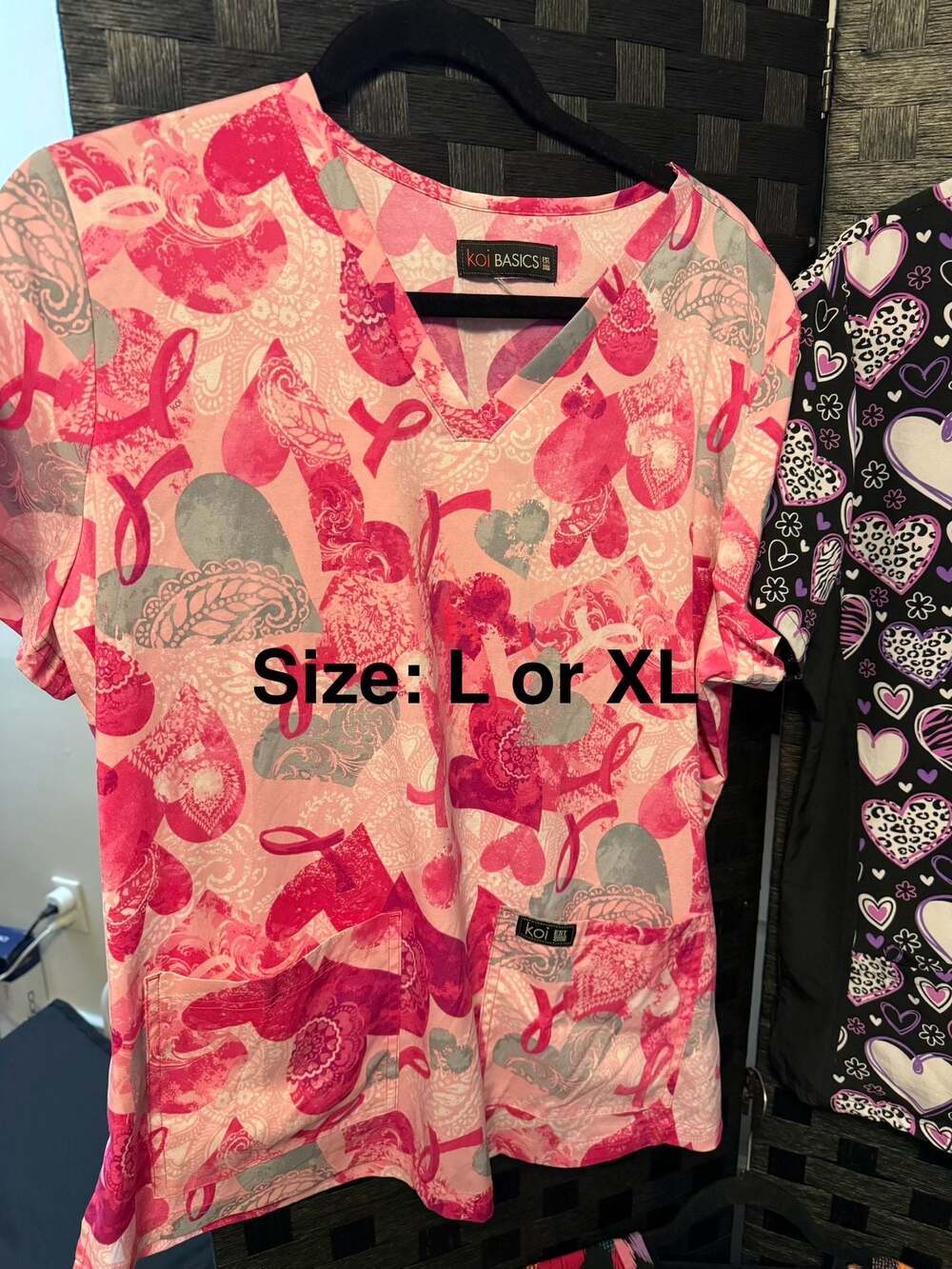 Koi Basics Pink Heart Ribbon Breast Cancer Awareness Scrub Top Size L/XL